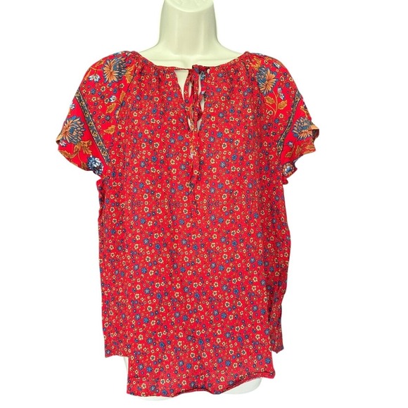 Hapsho Tops - Hapsho Red Floral Boho Viscose Blouse Short Sleeve Tie Neck Top Size Large
